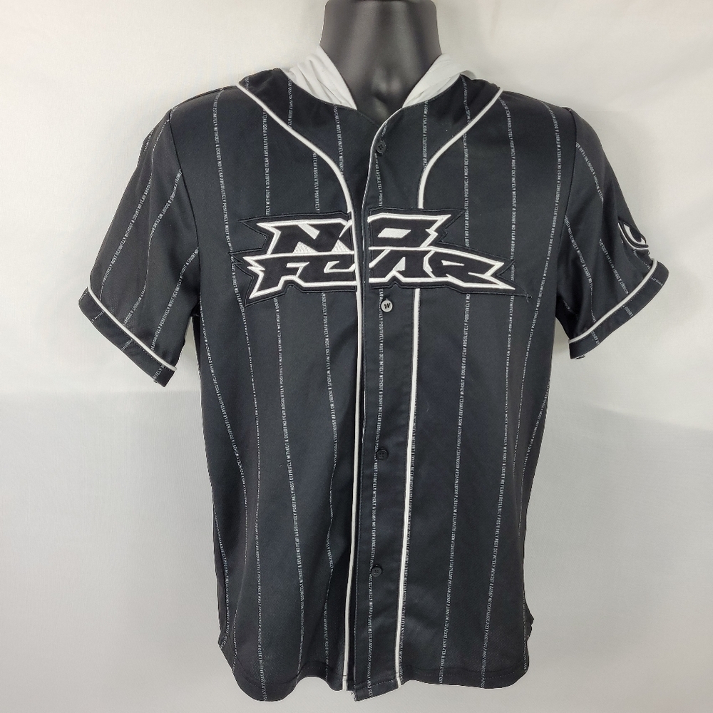 No Fear Vintage Button-Up Hooded Baseball Jersey Striped Shirt Youth XL